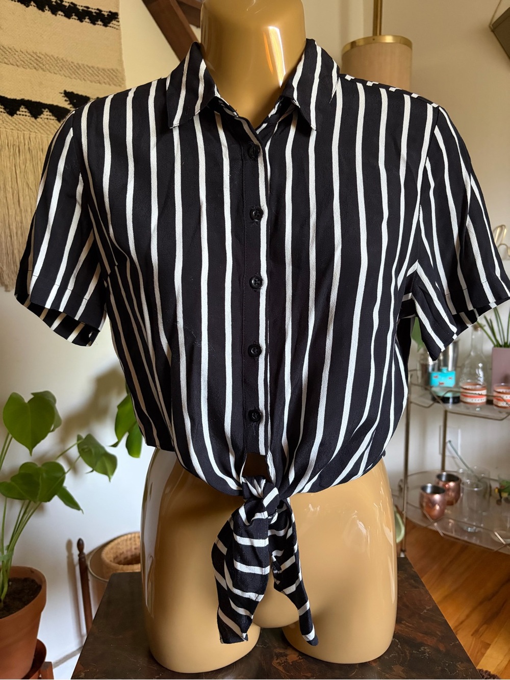 Black & White Vertical Stripe Tie-Front Shirt